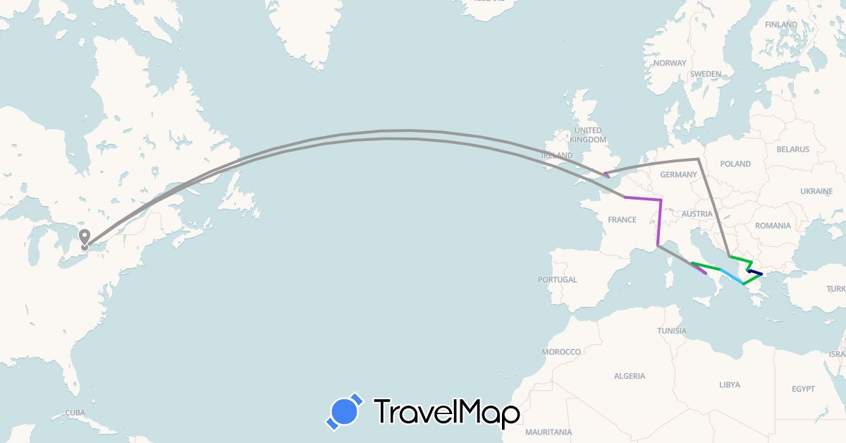 TravelMap itinerary: driving, bus, plane, train, boat in Canada, Germany, France, United Kingdom, Greece, Croatia, Italy, Macedonia (Europe, North America)